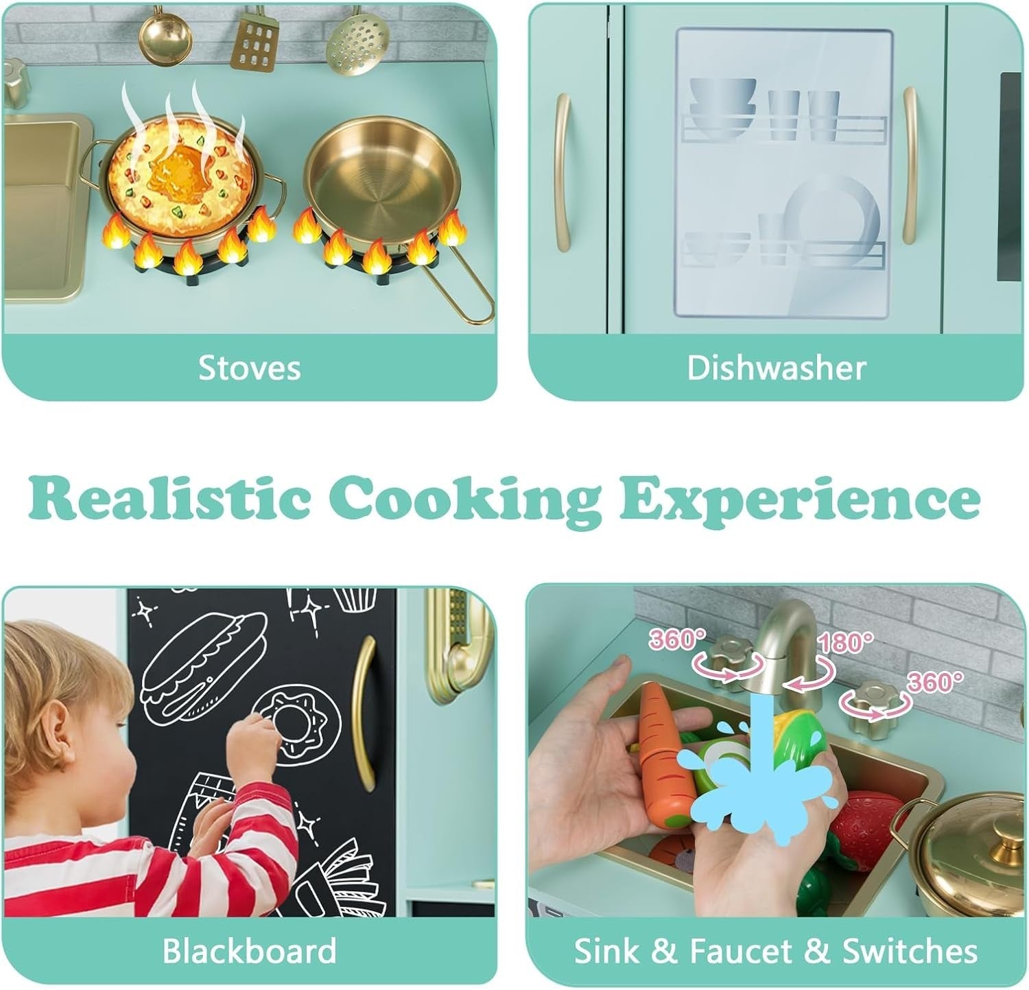 Kids Wooden Play Kitchen w/ Ice Maker Chalkboard Green Toy