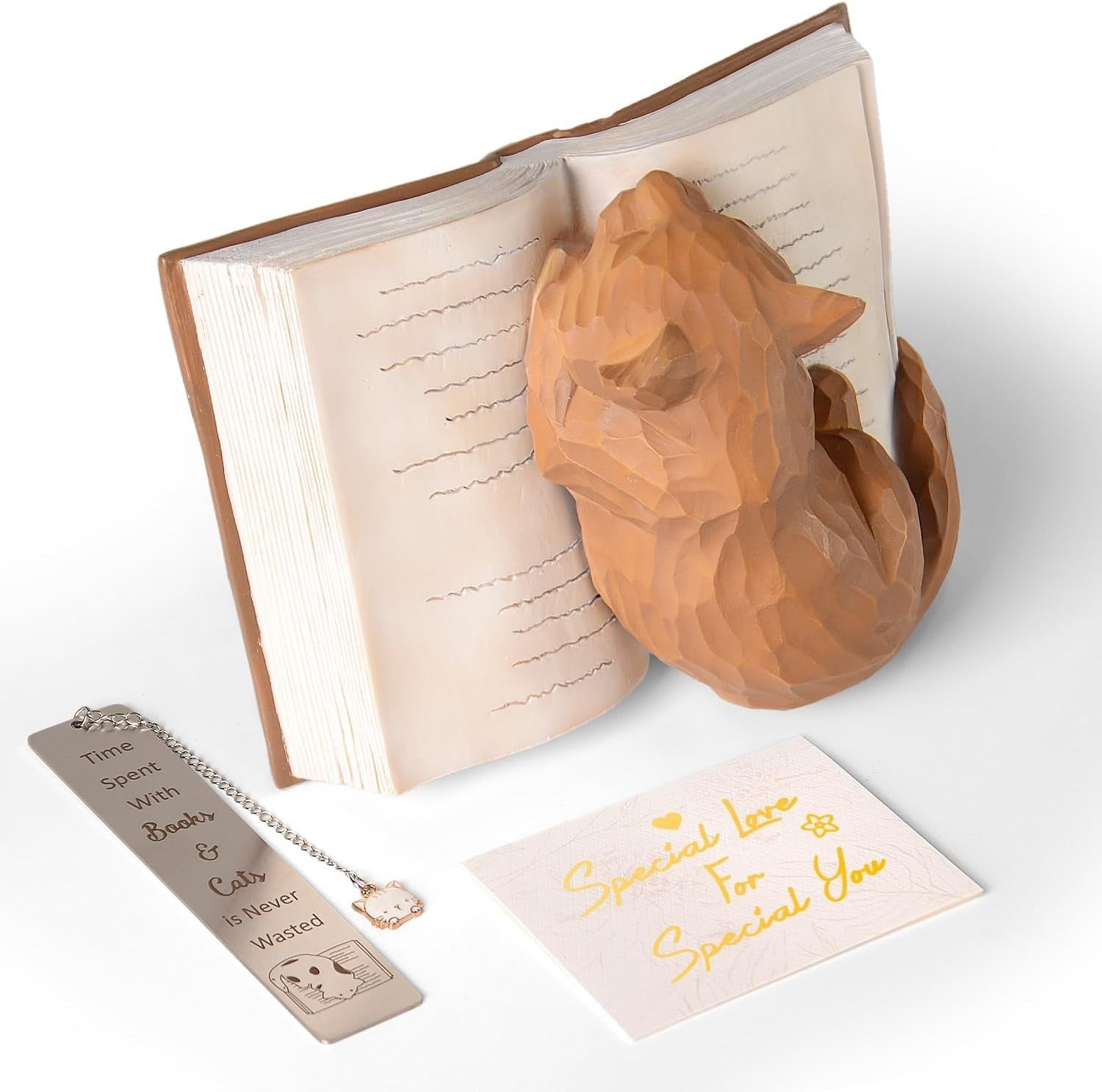 Sleeping Cat on Book Ornament with Bookmark | Cute Cat Lover Gift Brown
