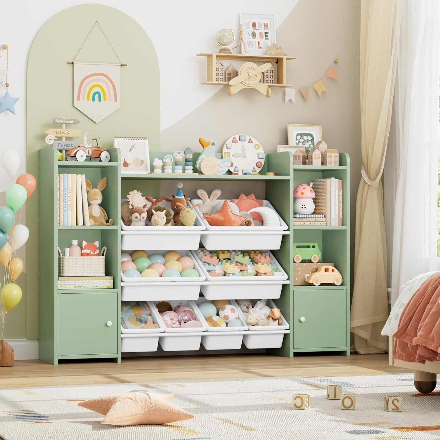 Kids Toy Storage Unit with 8 Boxes & Shelves – Green Bookcase Organizer