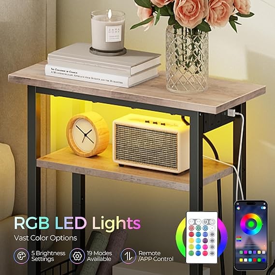 Slim LED Side Table with Charging Station, USB Port, Storage Shelf, Narrow Night
