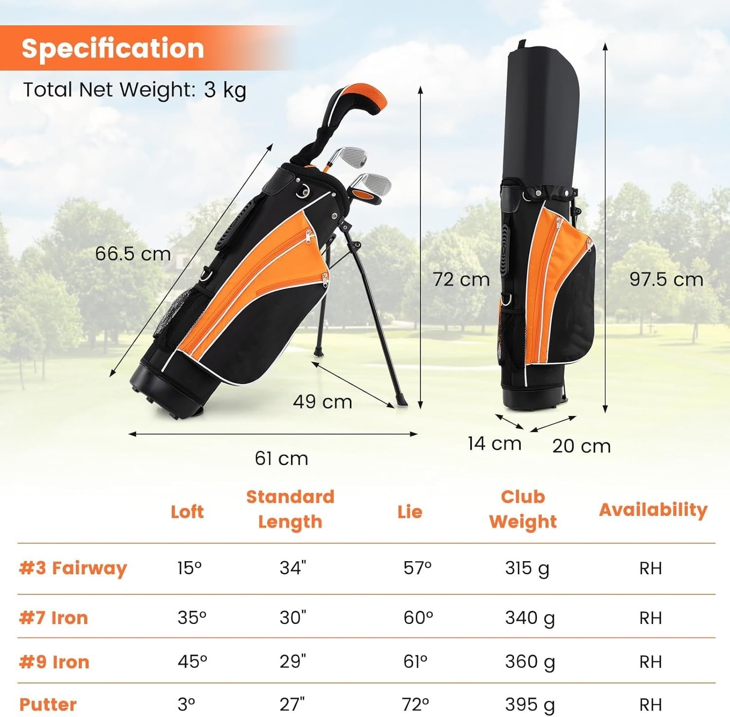 Kids Golf Club Set Right Hand Fairway Irons Putter Stand Bag Beginner