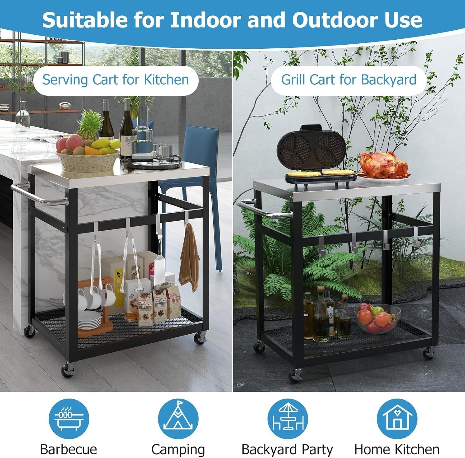 Outdoor BBQ Grill Cart Pizza Oven Stand 2-Tier Stainless Steel Top Trolley 84x50