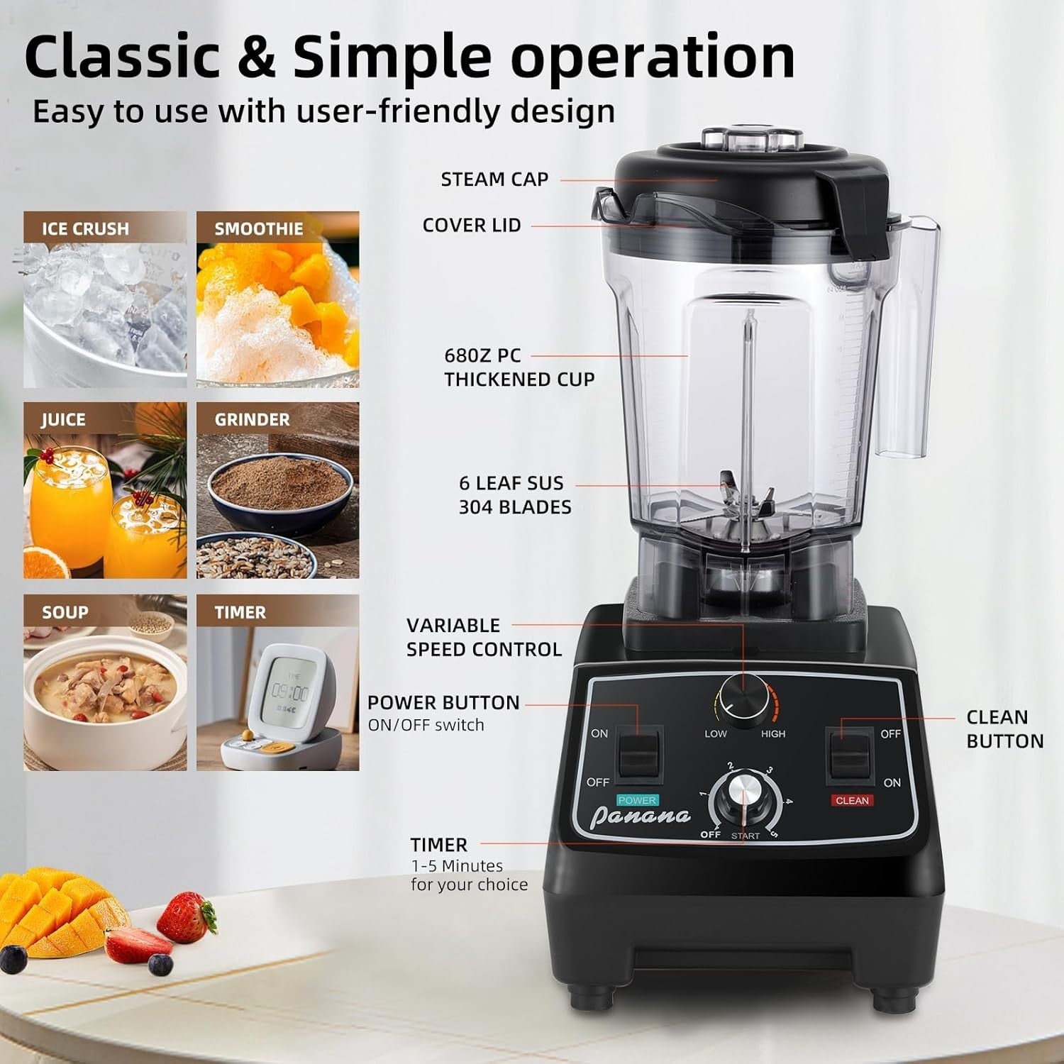 High Power 2200W Smoothie Blender 1.93L Jug Ice Crush Food Mixer