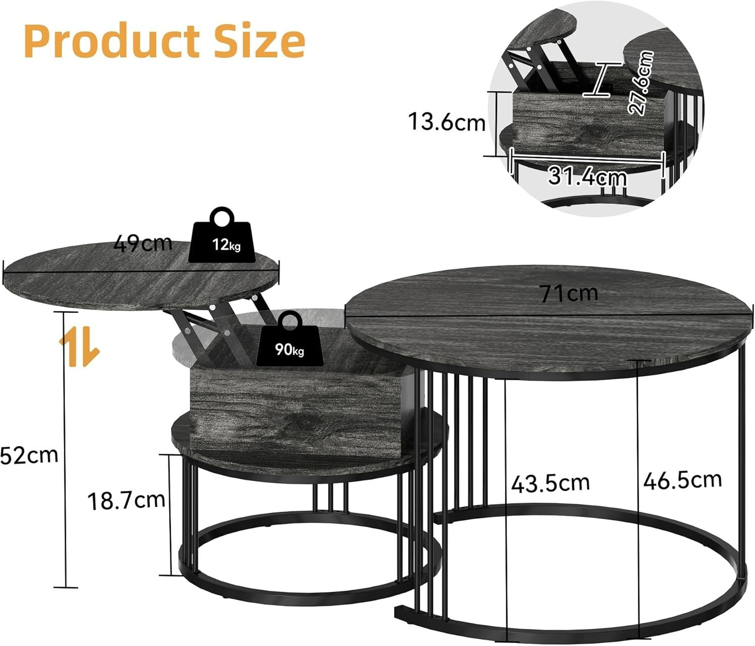 Round Nesting Coffee Table Set Lift Top Storage Glass Top Charcoal Black