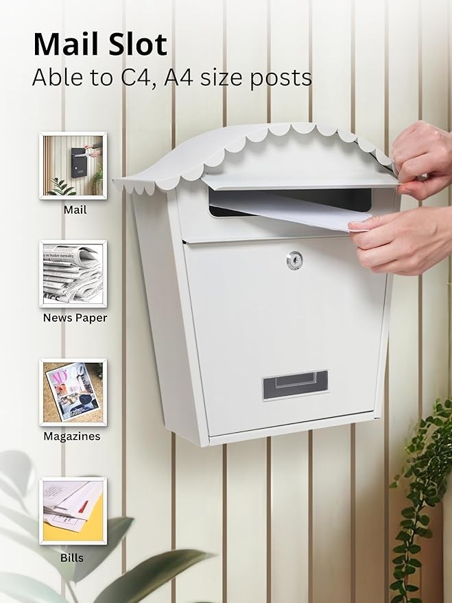 Lockable Wall Mounted Mailbox White – Weatherproof Steel Post Box w/ Keys