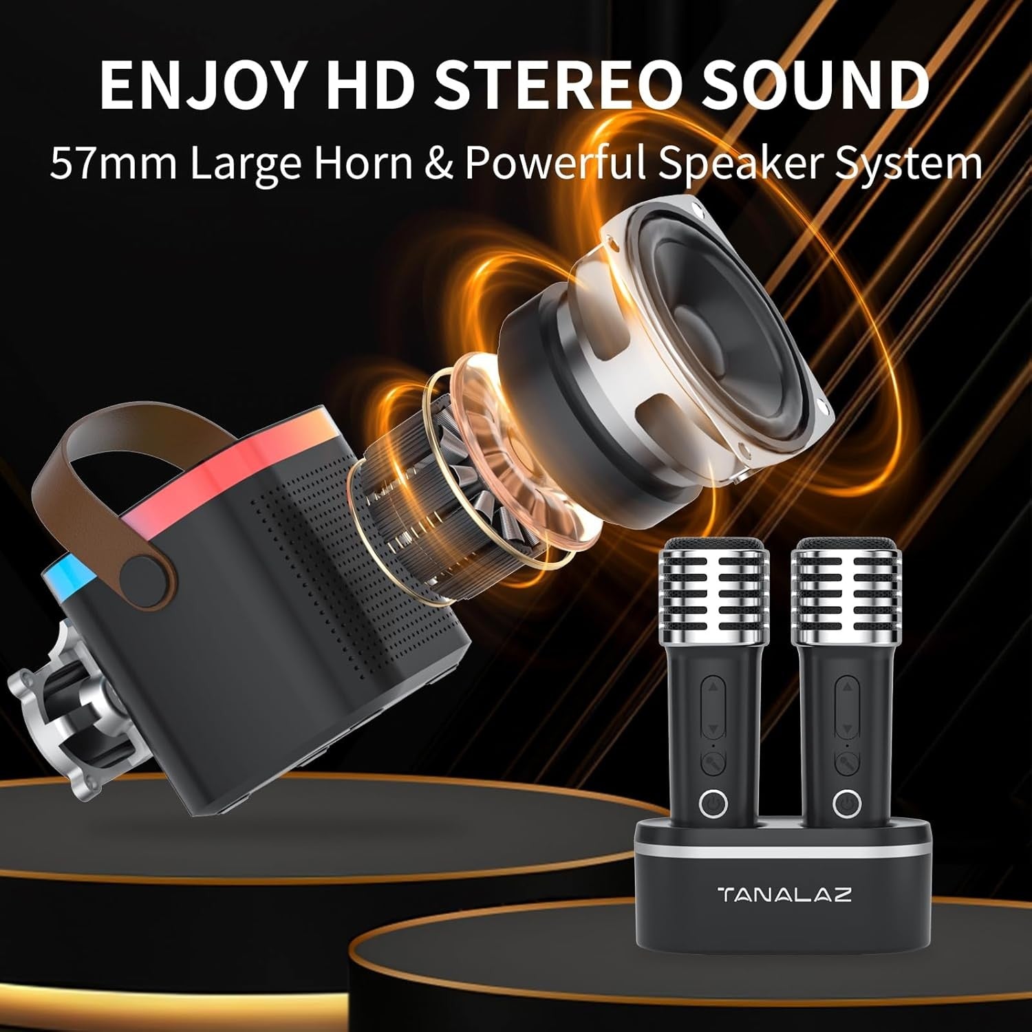 Kids Karaoke Machine 2 Wireless Mics LED Lights Blue Bluetooth