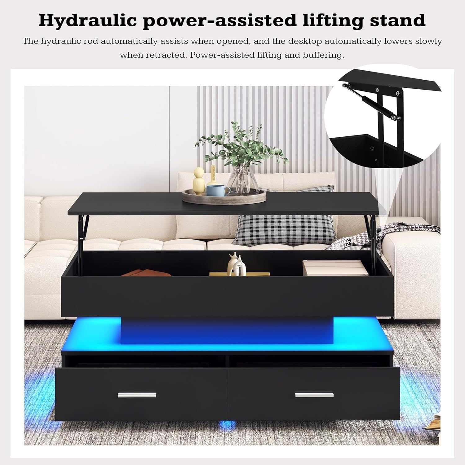 Modern LED Lift Top Coffee Table with Storage & Drawers, Adjustable Height