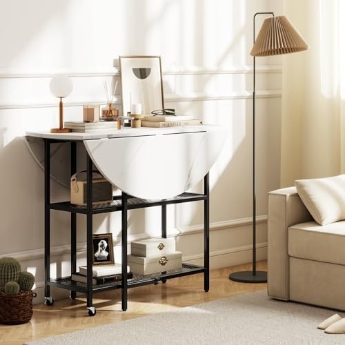 Folding Dining Table with Wheels & Storage Shelves Black + White