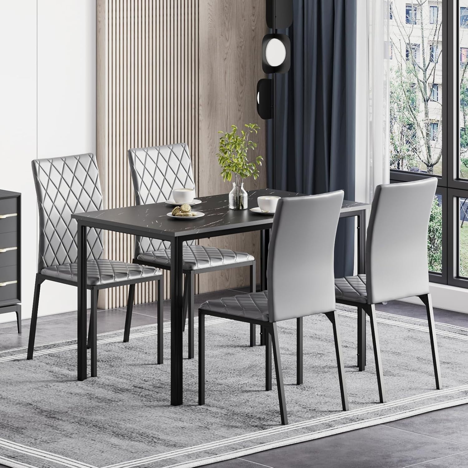 Modern Marble Effect Dining Table Set 4 PU Leather Chairs Kitchen Grey