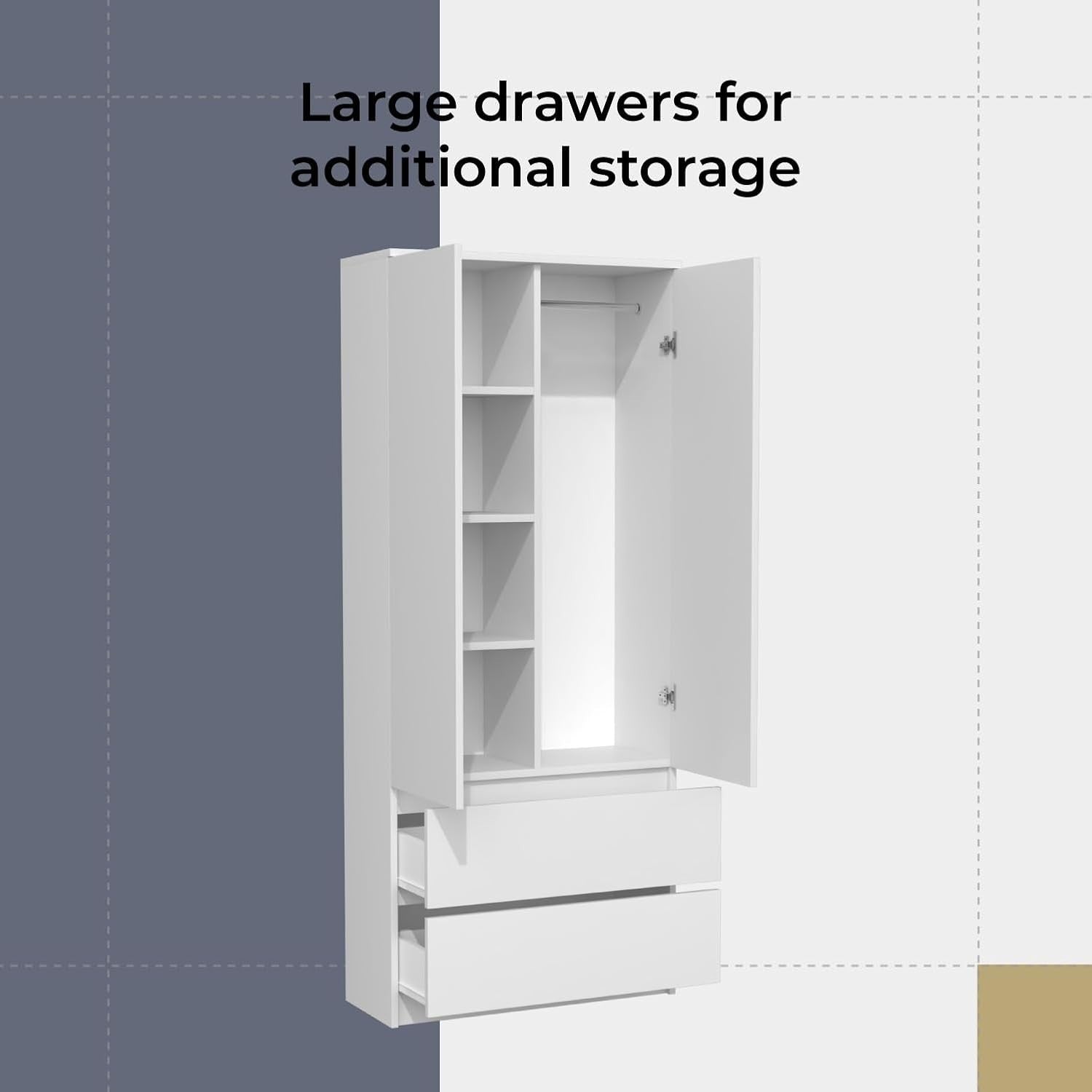 White Modern Double Wardrobe with Drawers & Hanging Rail - Bedroom Storage