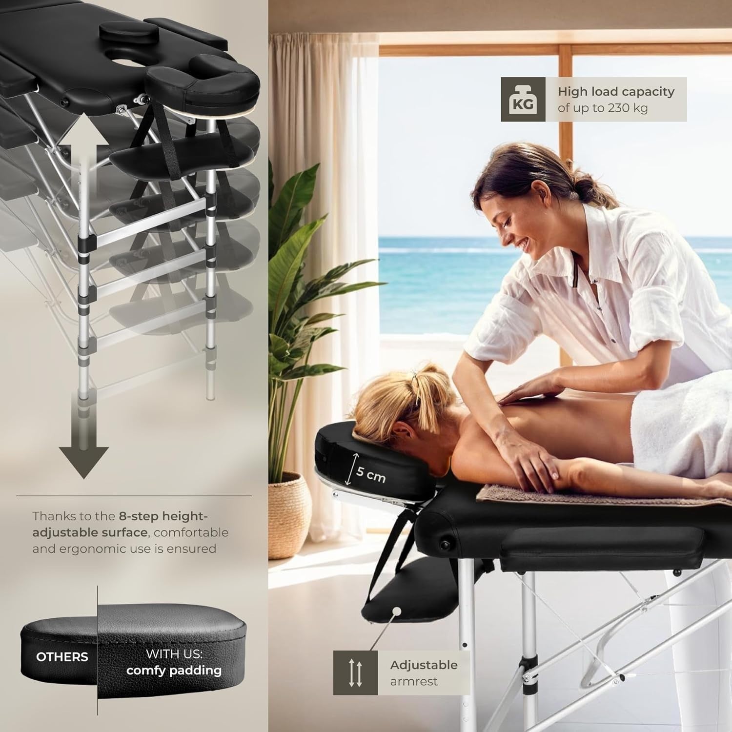 Portable 3 Section Massage Table Foldable Aluminium Beauty Spa Bed 61cm Black
