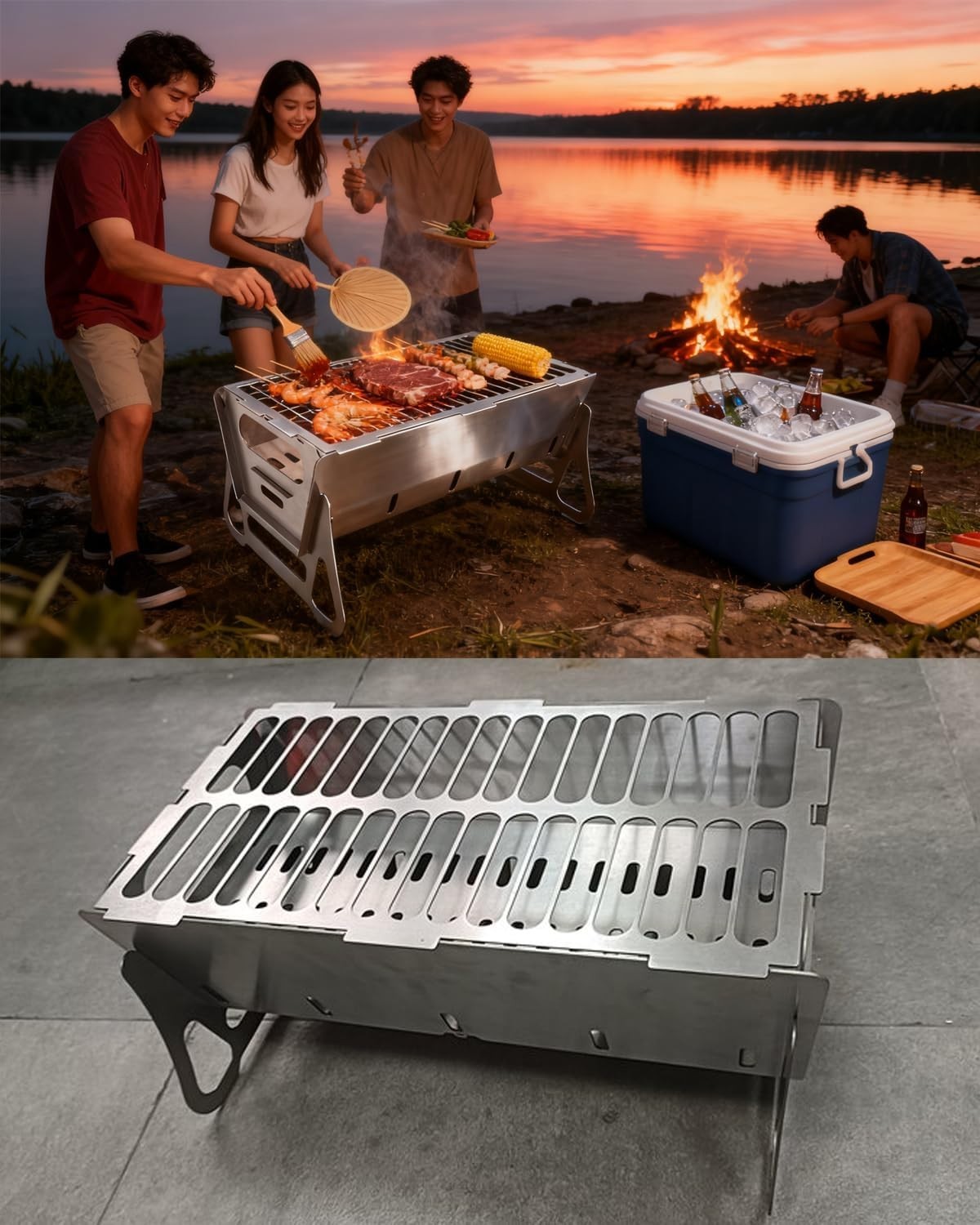 Portable Stainless Steel Camping BBQ Grill Foldable Charcoal Fire Pit