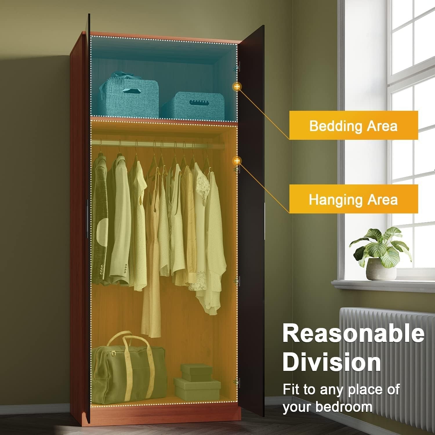 2 Door Black Walnut Wardrobe Soft Close Rail Shelves Gloss Finish 178cm