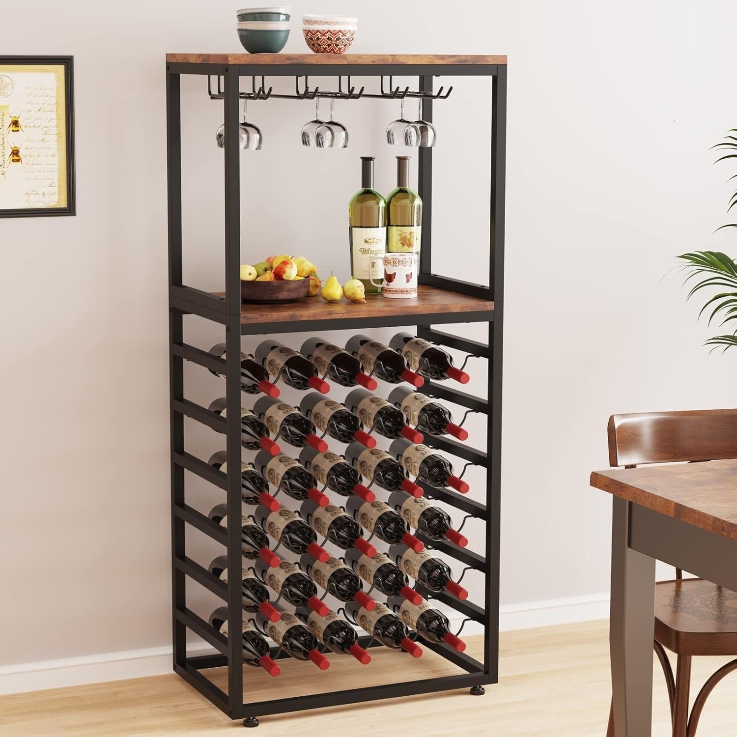 Large Wine Rack Storage Shelf with Glass Holder, 6-Tier Metal & Wood