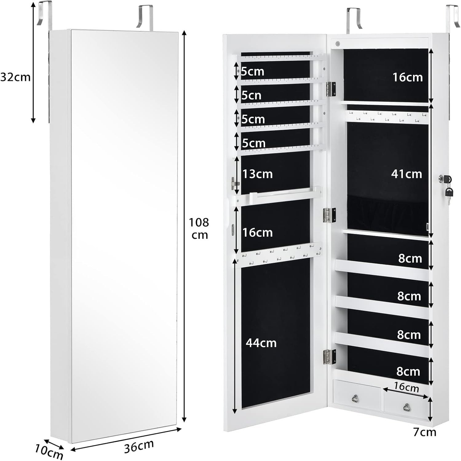 LED Jewelry Armoire Wall Door Mounted Lockable Full Length Mirror White