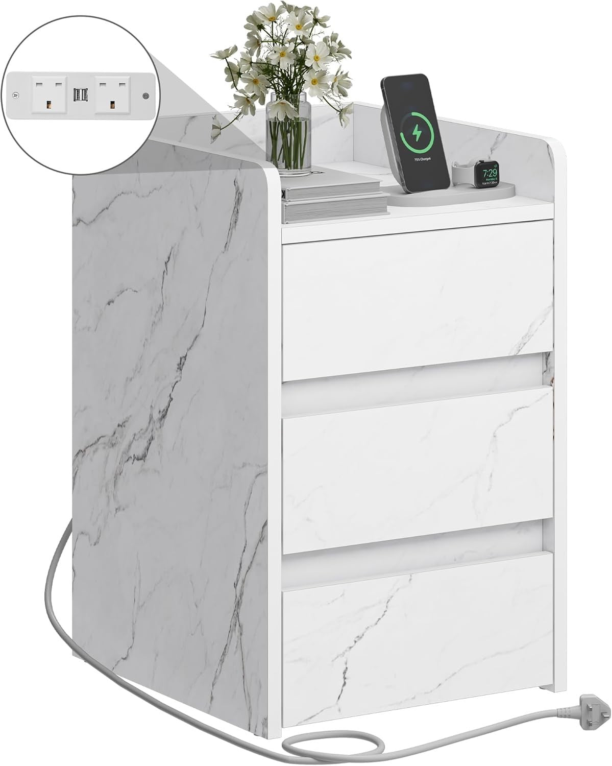 Marble White Bedside Table with 3 Drawers & Charging Station | Modern 35×59cm