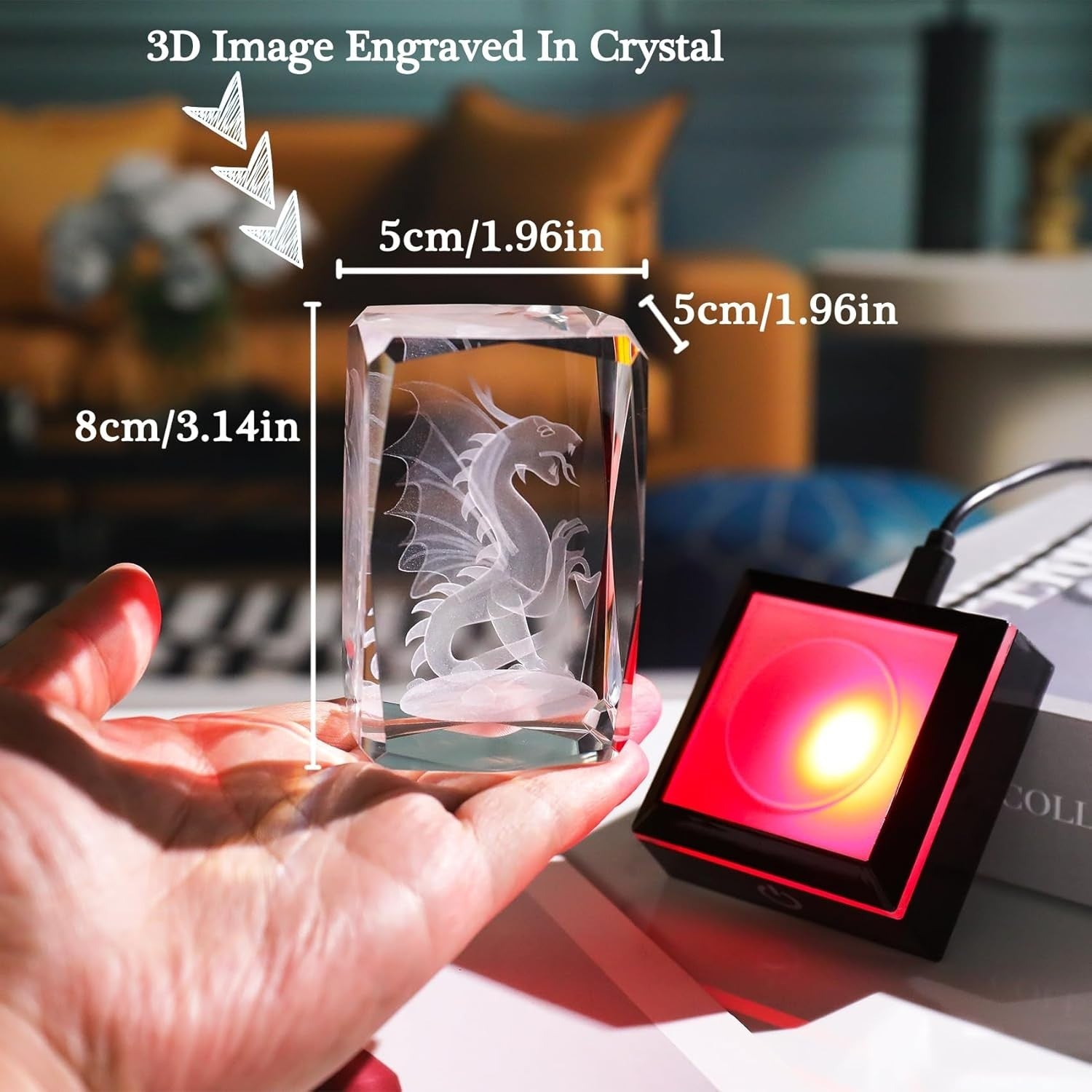 3D Crystal Dragon Ornament LED Light • Gothic Fantasy Glass Gift Home Decor