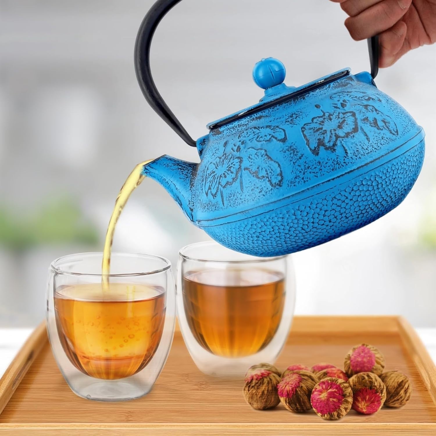 Cast Iron Teapot 900ml Tea Pot w/ Infuser Blue Floral Tetsubin Style