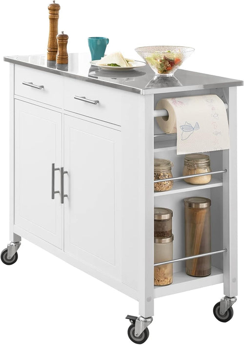 White Kitchen Island Trolley Cart with Drawers & Steel Top 107x46x94cm