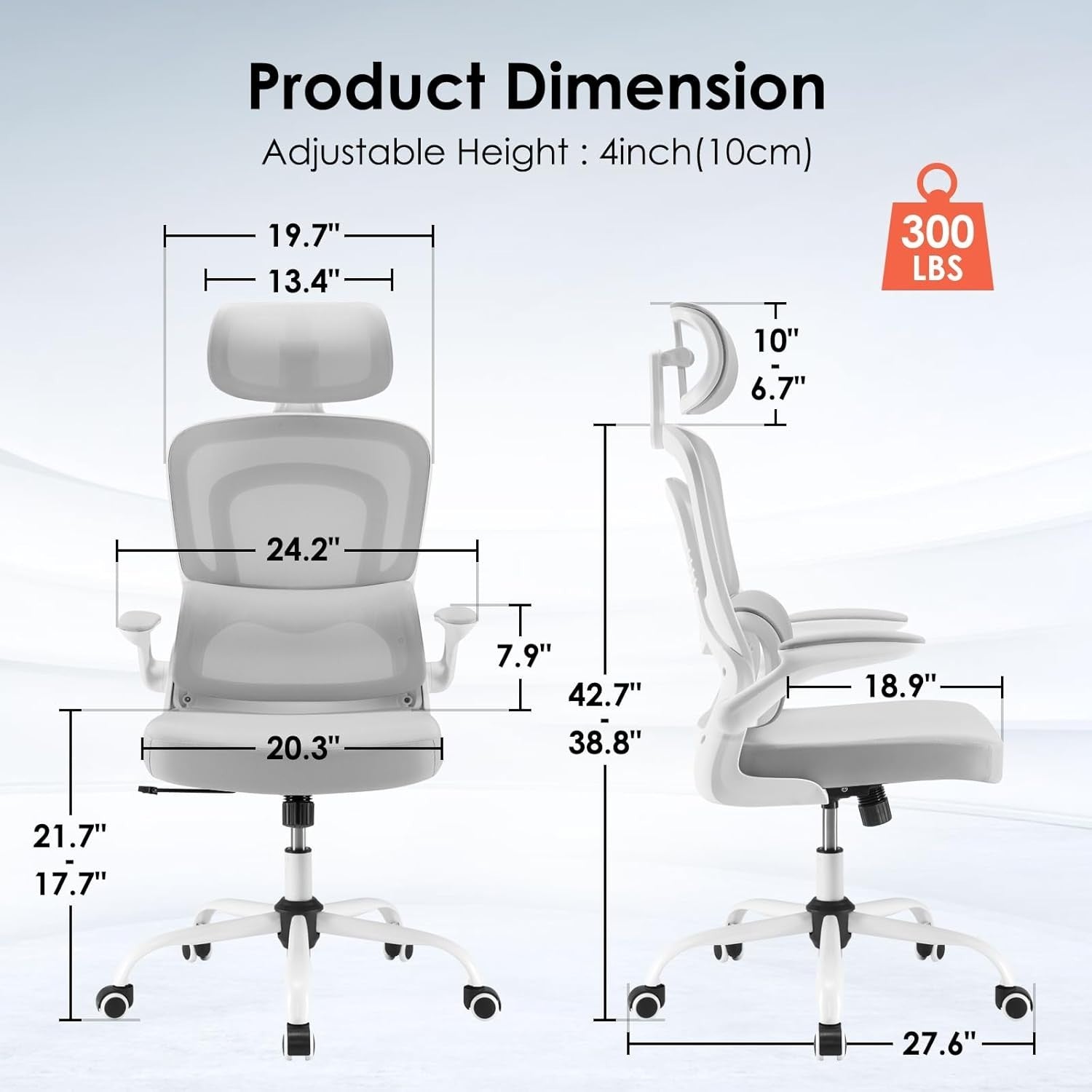 Ergonomic Office Chair Mesh Swivel Desk w/ Headrest Flip-Up Arms White/Gray 14kg