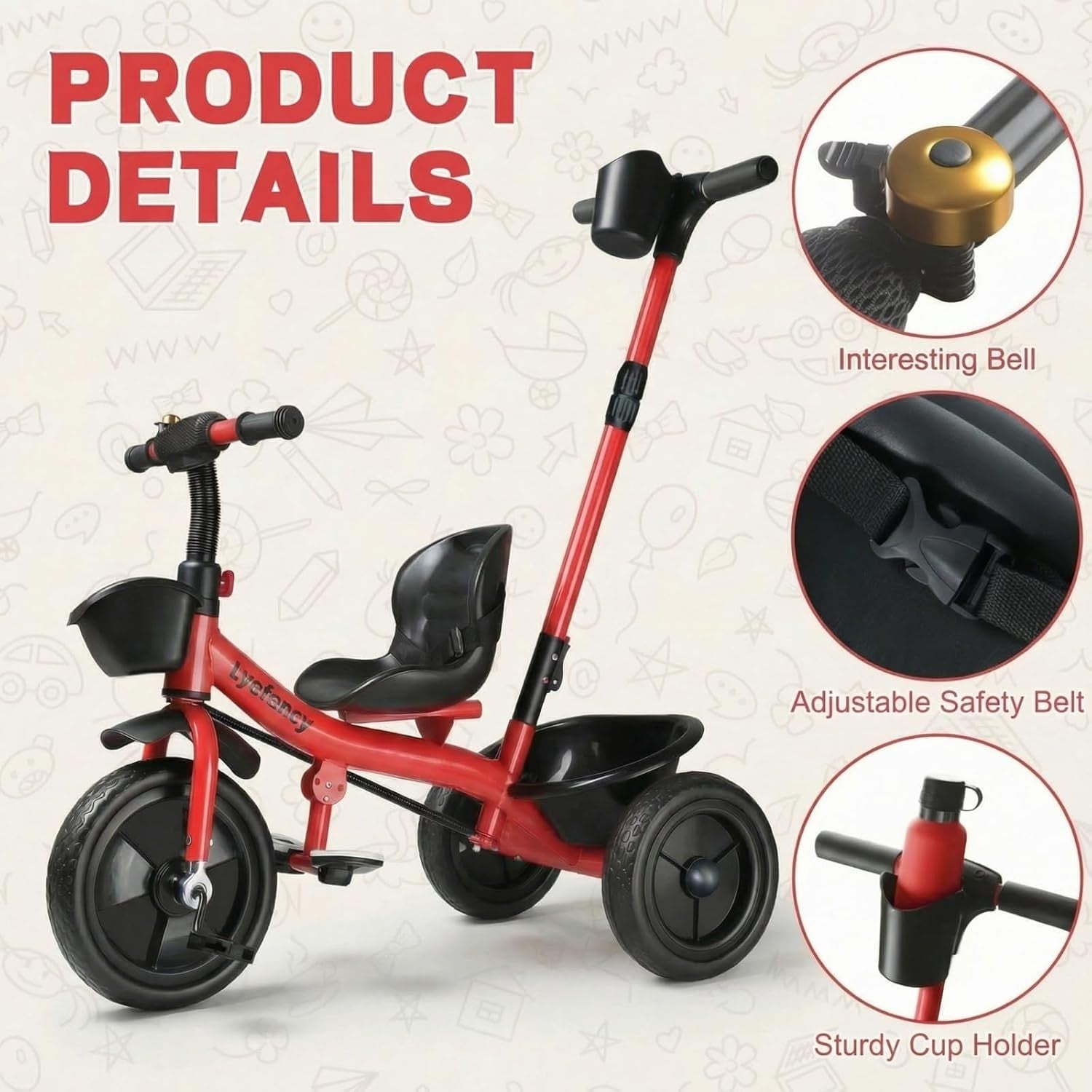 Kids Tricycle 2 In 1 Push Trike Parent Handle Adjustable Seat Red