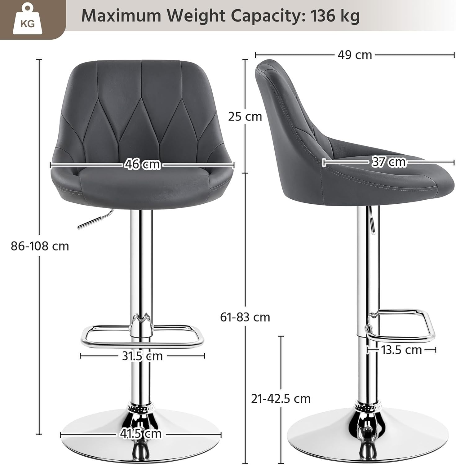 Adjustable Swivel Bar Stools with Backrest & Footrest – Dark Grey