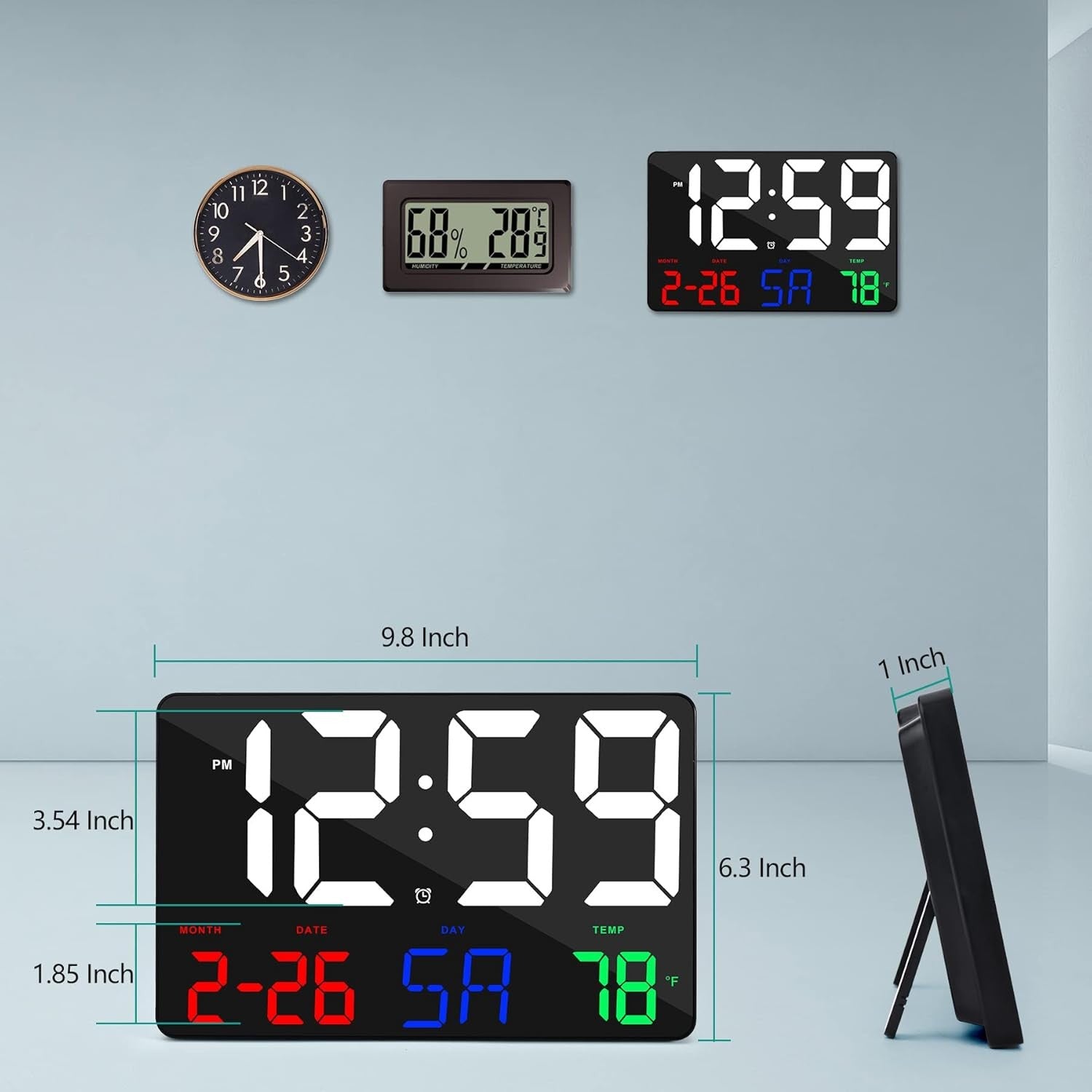Large Digital Wall Clock Black 11.5″ LED Remote Alarm Date Temp Display