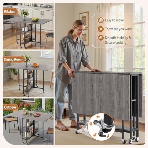 Space-Saving Folding Dining Table with Wheels & Storage Shelves