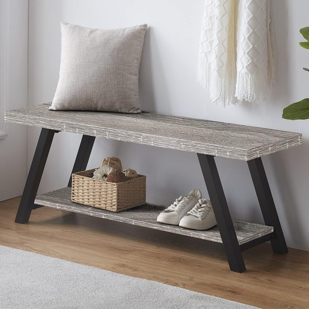 Light Grey Oak Farmhouse Entryway Storage Bench Metal Frame Shoe Rack Seat