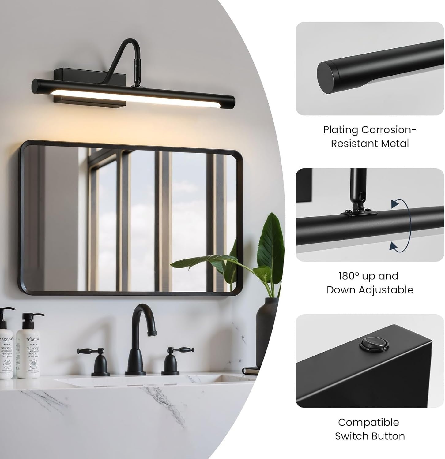 Black 40CM LED Picture Light for Bathroom Vanity, 8W Adjustable Swivel Head