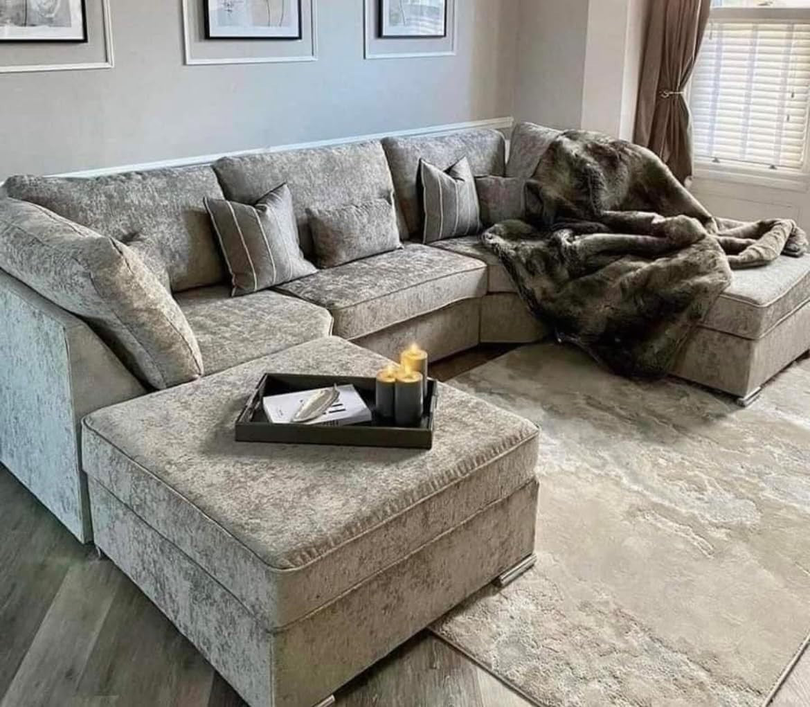 Grey Corner Sofa L or U Shaped Chenille Highback with Footstool Option