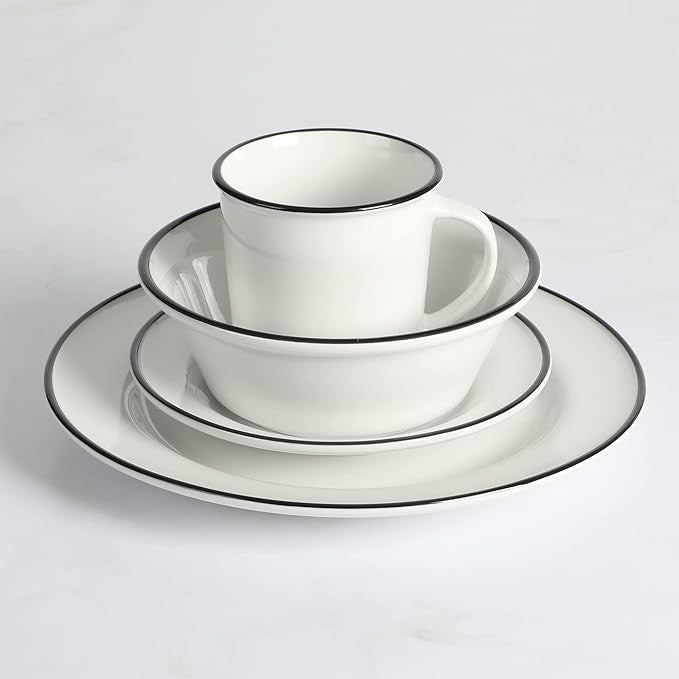 16pc Porcelain Dinnerware Set White Black Rim Plates Bowls Mugs Dishwasher Safe