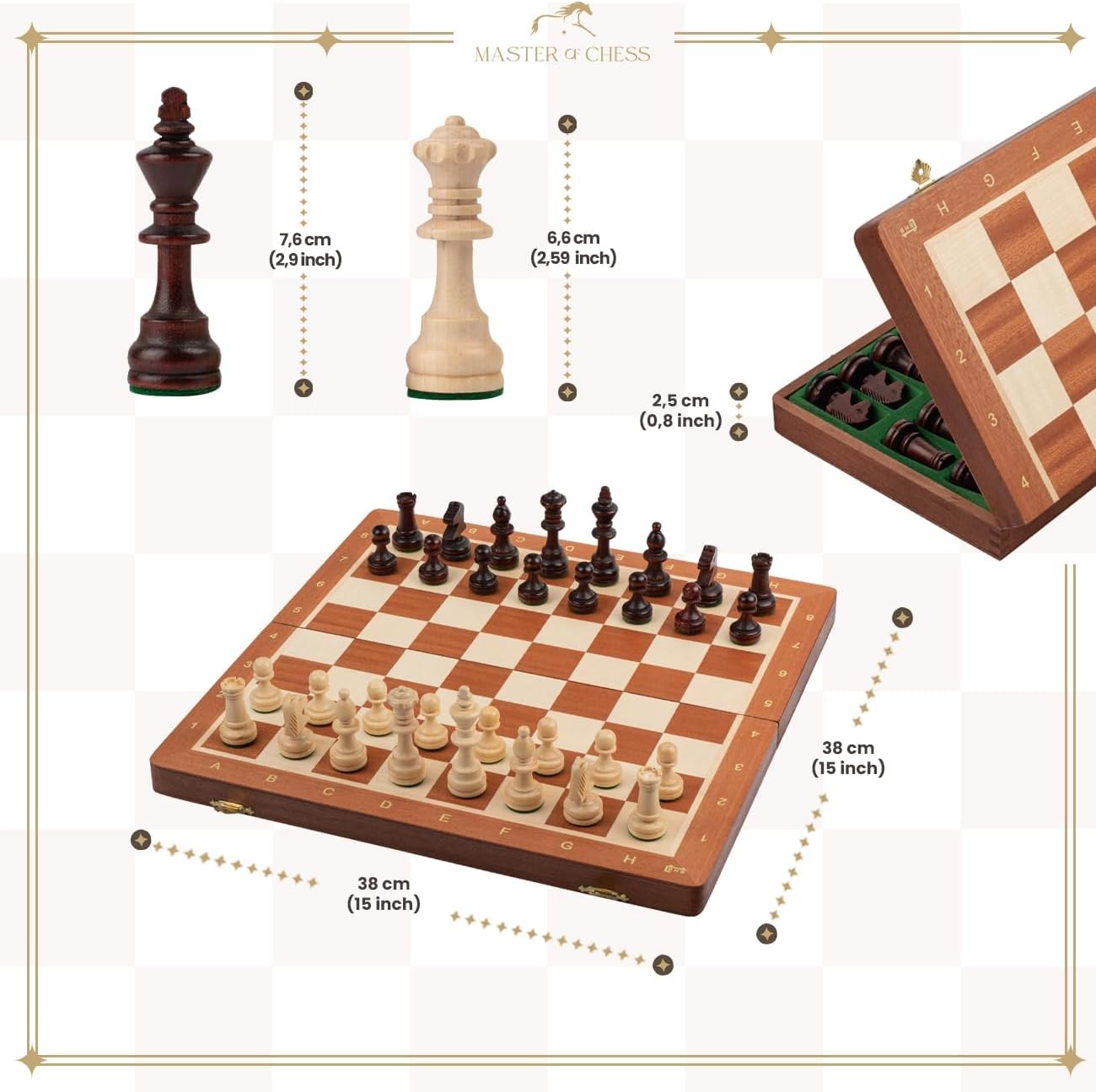 Tournament Wooden Chess Set 42cm Inlaid Foldable Board Staunton No.4 Pieces