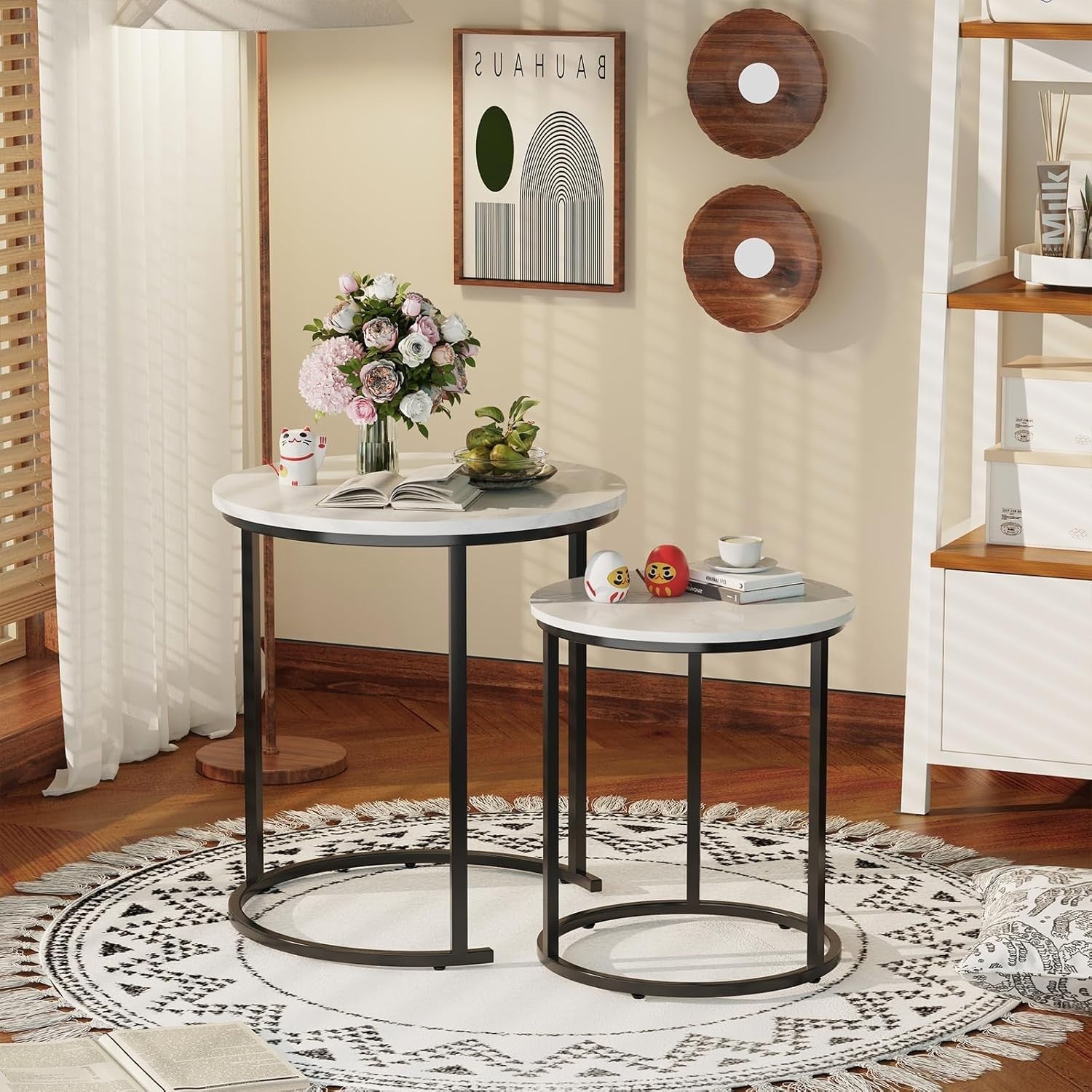 Black Nesting Coffee Tables Set of 2 Modern Round Side End Sofa Living Room