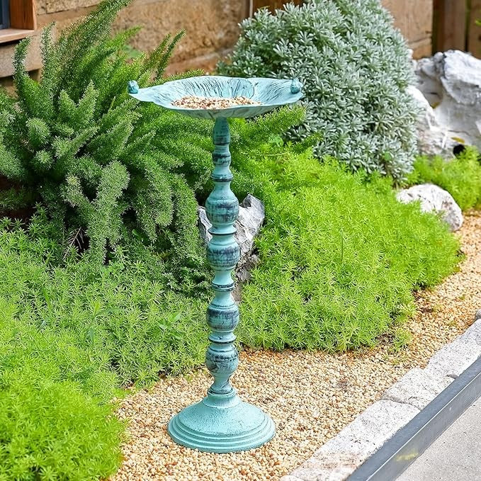 28" Antique Blue Iron Bird Bath Stand – Heavy Duty Outdoor Feeder Bowl