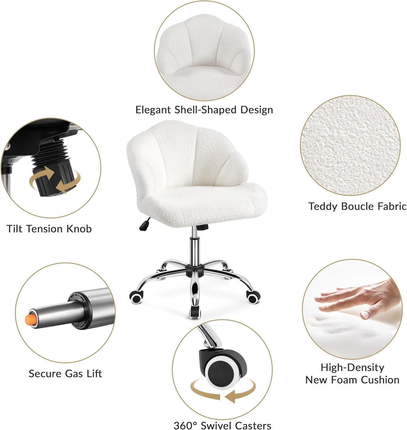 Snowy Boucle Shell Back Swivel Vanity Chair w/ Wheels Armless Adjustable Seat