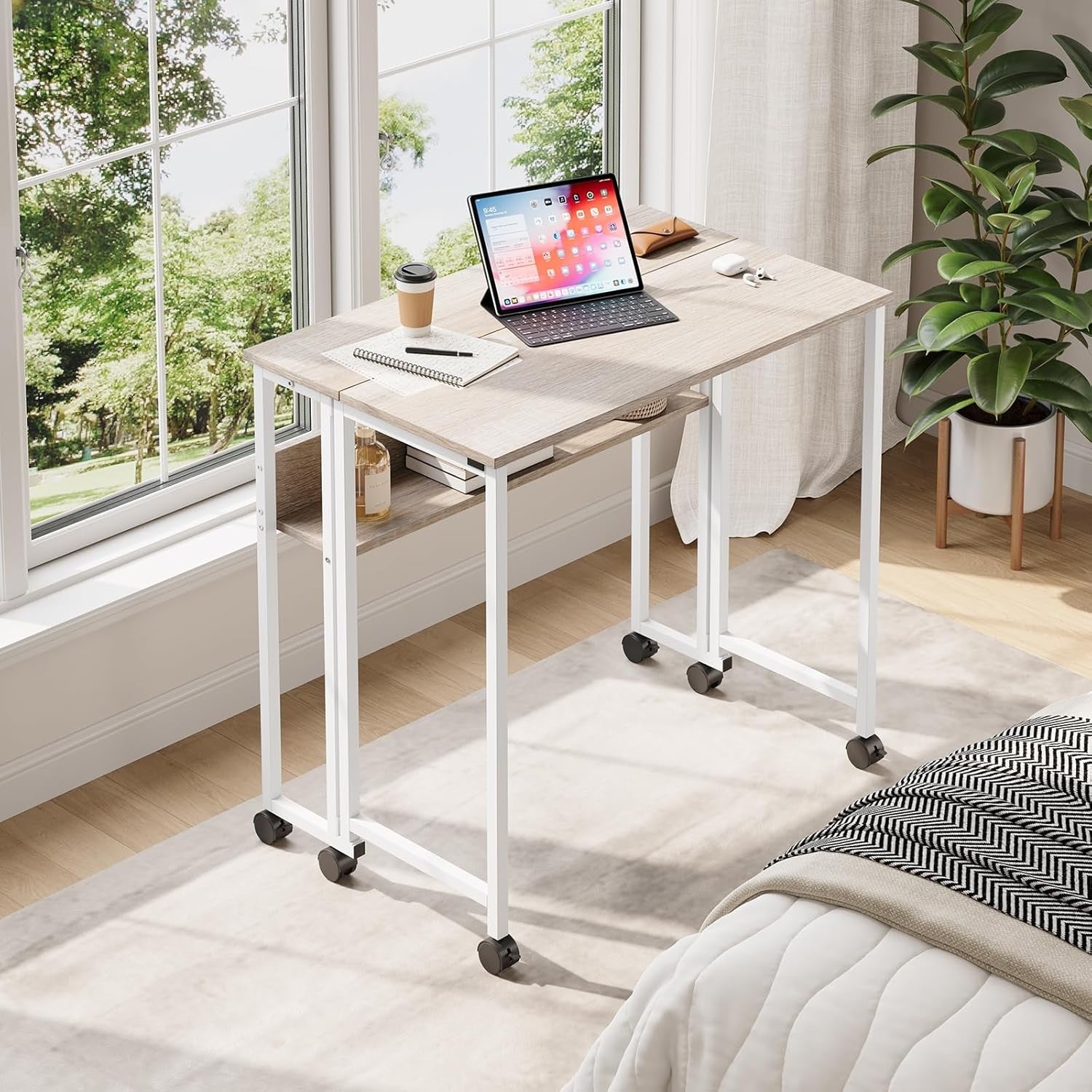 Folding Computer Desk Rolling Laptop Table with Storage Shelf Wheels Oak