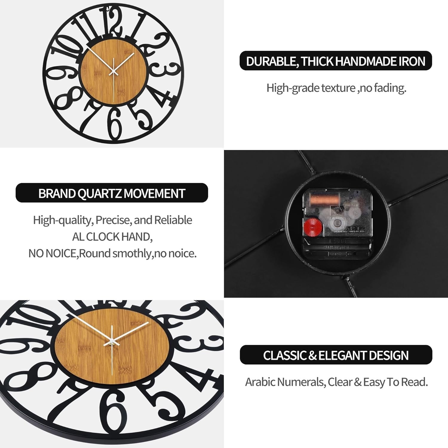 Large 34cm Silent Wall Clock Modern Rustic Metal Wood Arabic  Decor
