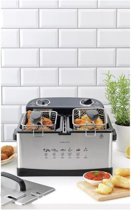 Twin Deep Fat Fryer 2400W Dual Compartment 5L Cool Zone Drain Basket