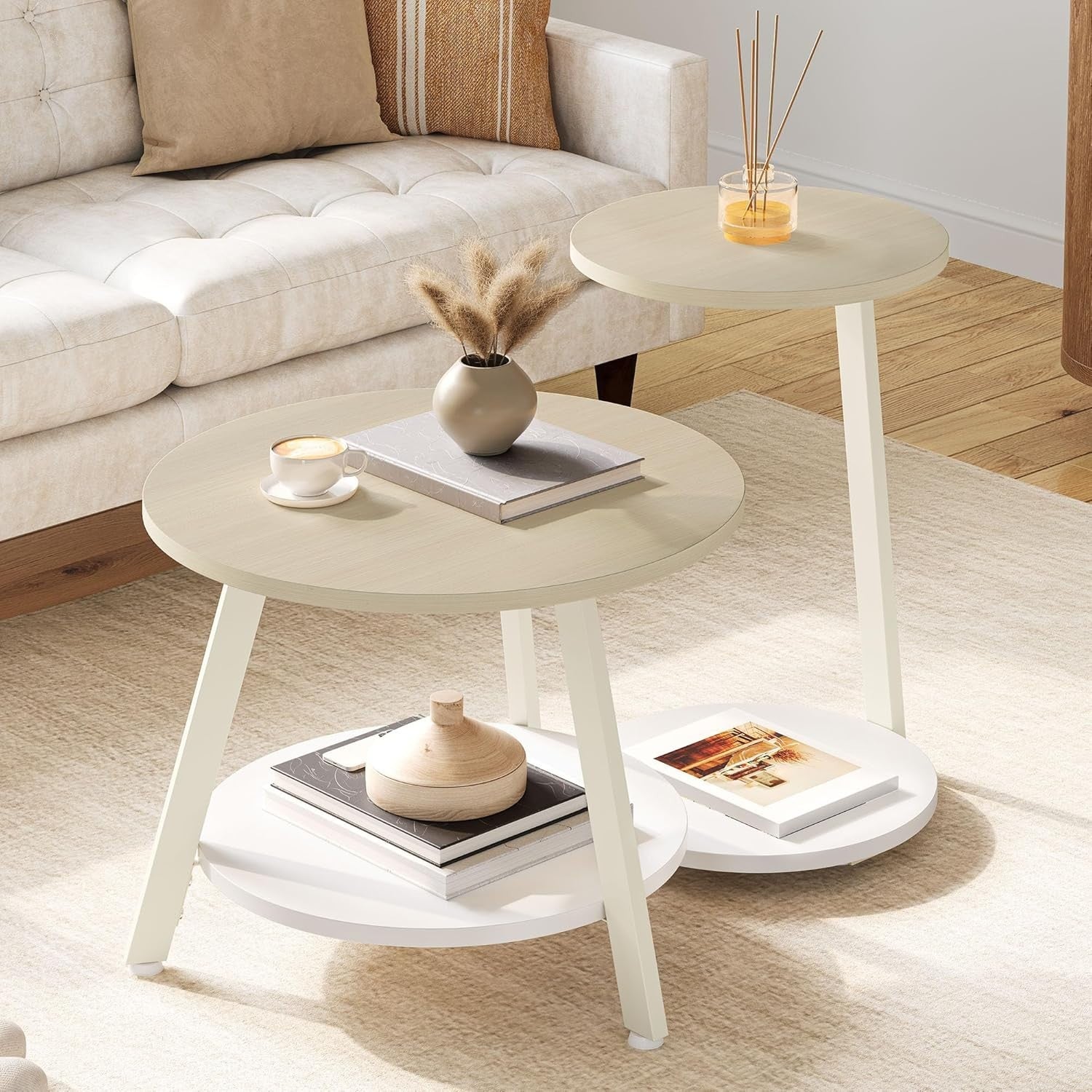 Round Nesting Coffee Table Set 2, Oak White Modern End Side Accent Tables