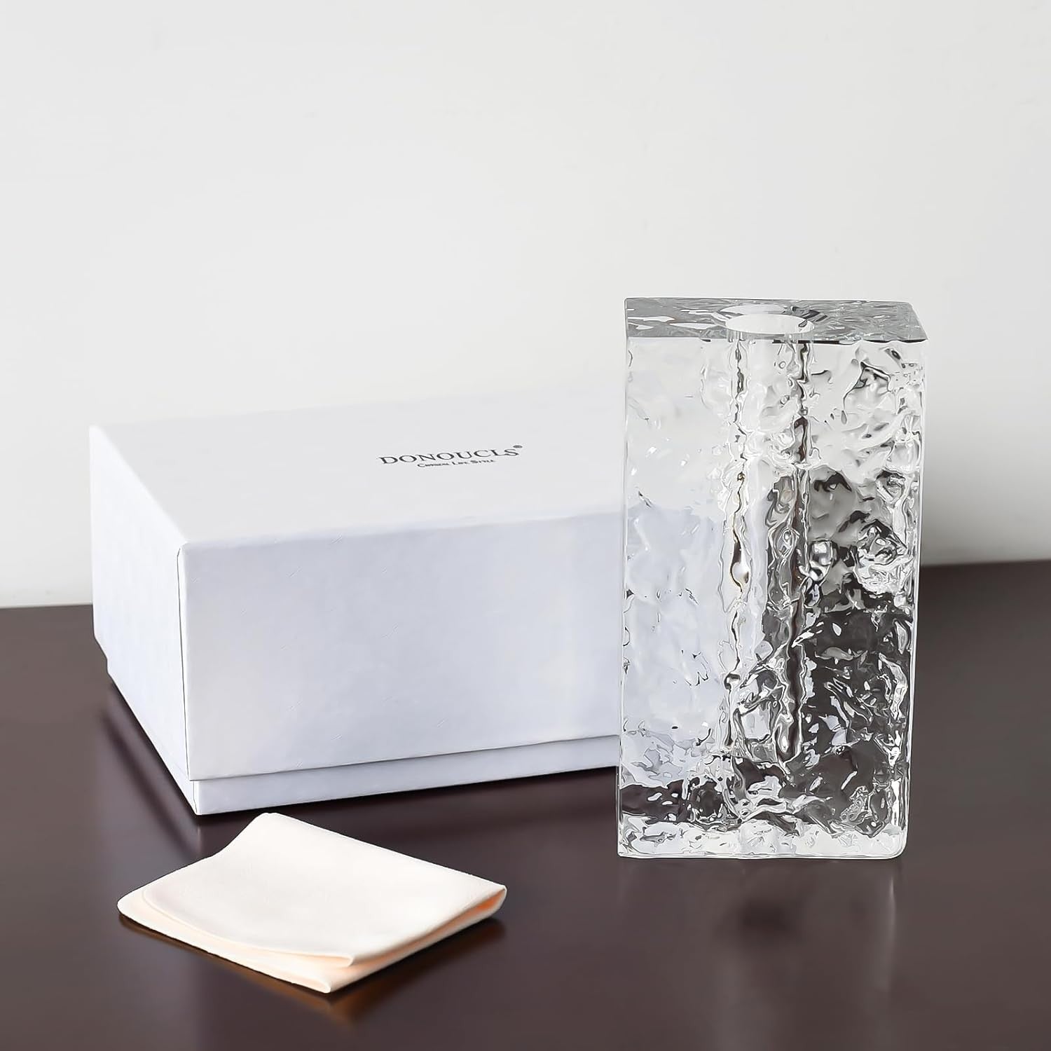 Tall Crystal Glass Vase Ice Texture Modern Rectangular Tabletop Home Decor