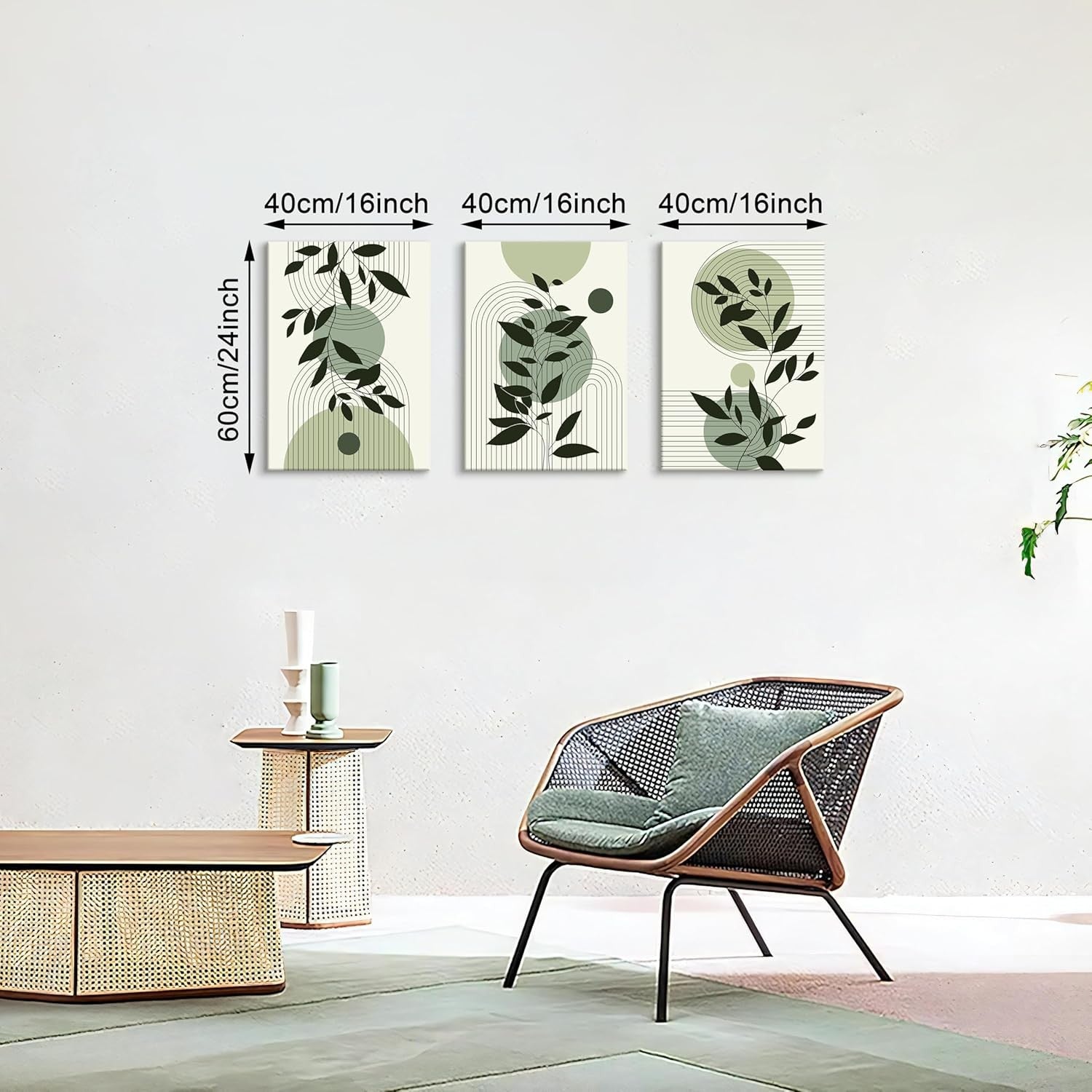 Boho Sage Green Framed Canvas Wall Art Set of 3 Leaf Prints Living Room Decor