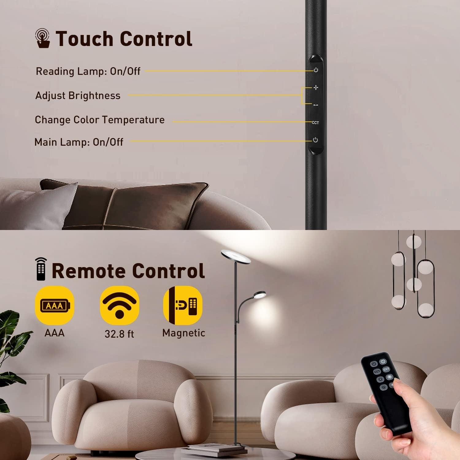 LED Floor Lamp with Reading Light Dimmable Remote Touch Uplighter Black