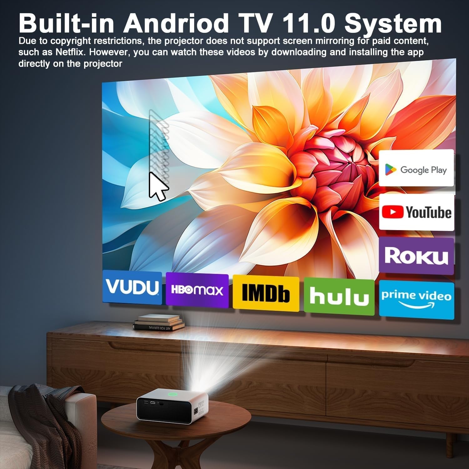 Android 11 Mini Projector WiFi 6 Bluetooth Auto Keystone Electric Focus 4K