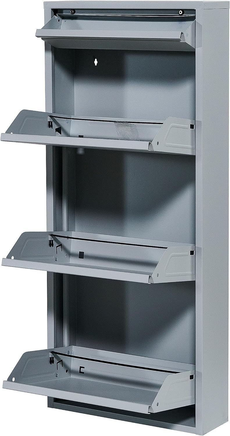 Slim Wall Mounted Shoe Cabinet 3+1 Drawer Metal Storage Organizer Grey 114cm