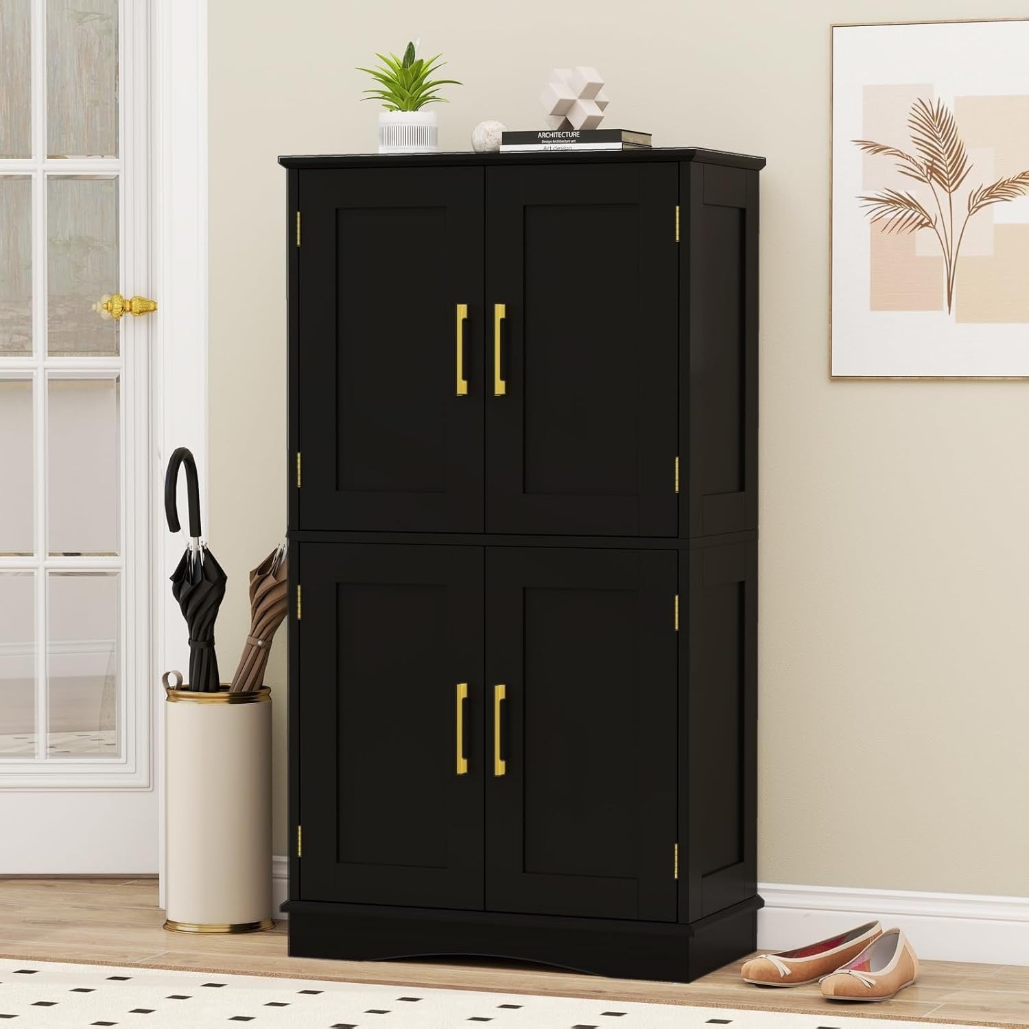 Black 4 Door Storage Cabinet Freestanding Cupboard with Adjustable Shelves 110cm