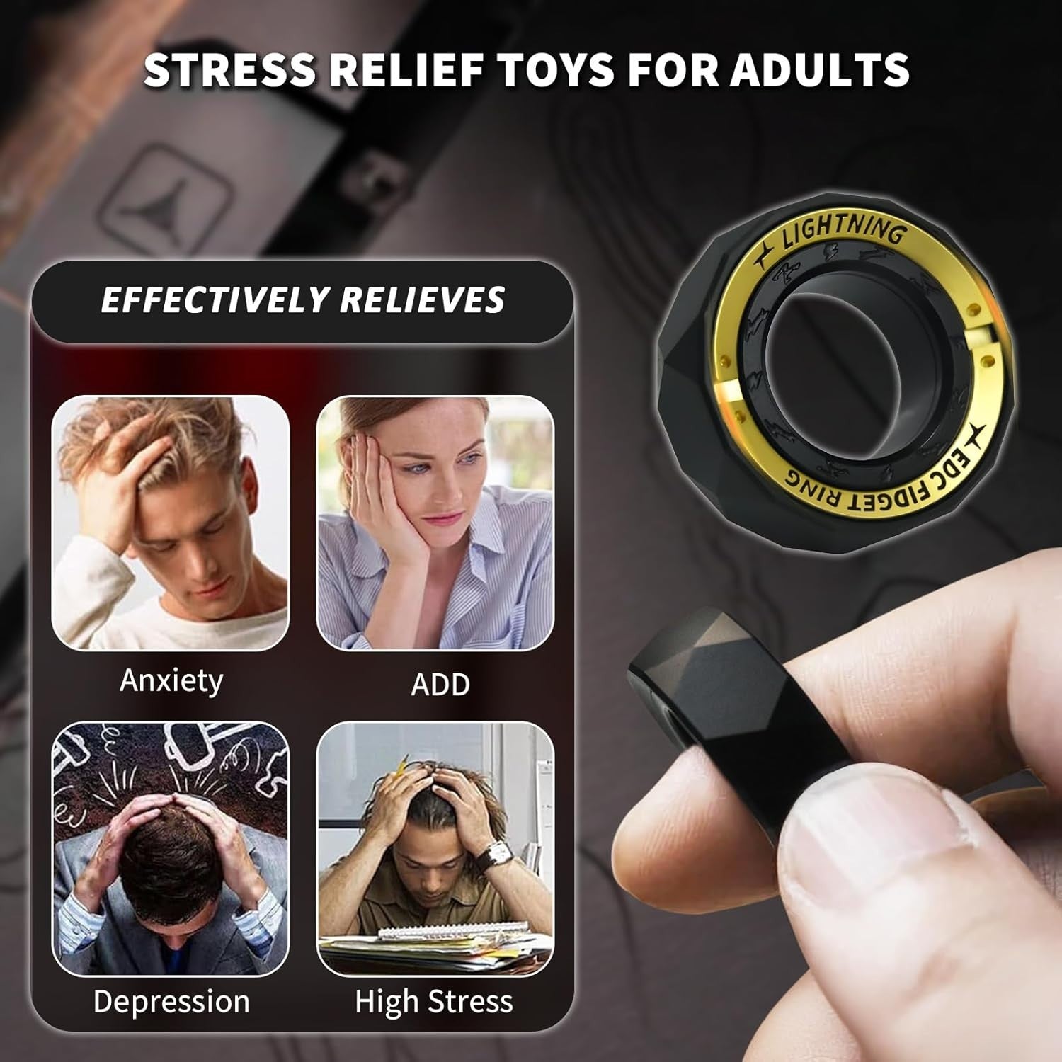 Black Fidget Ring Stainless Steel Anxiety Relief Spinner EDC