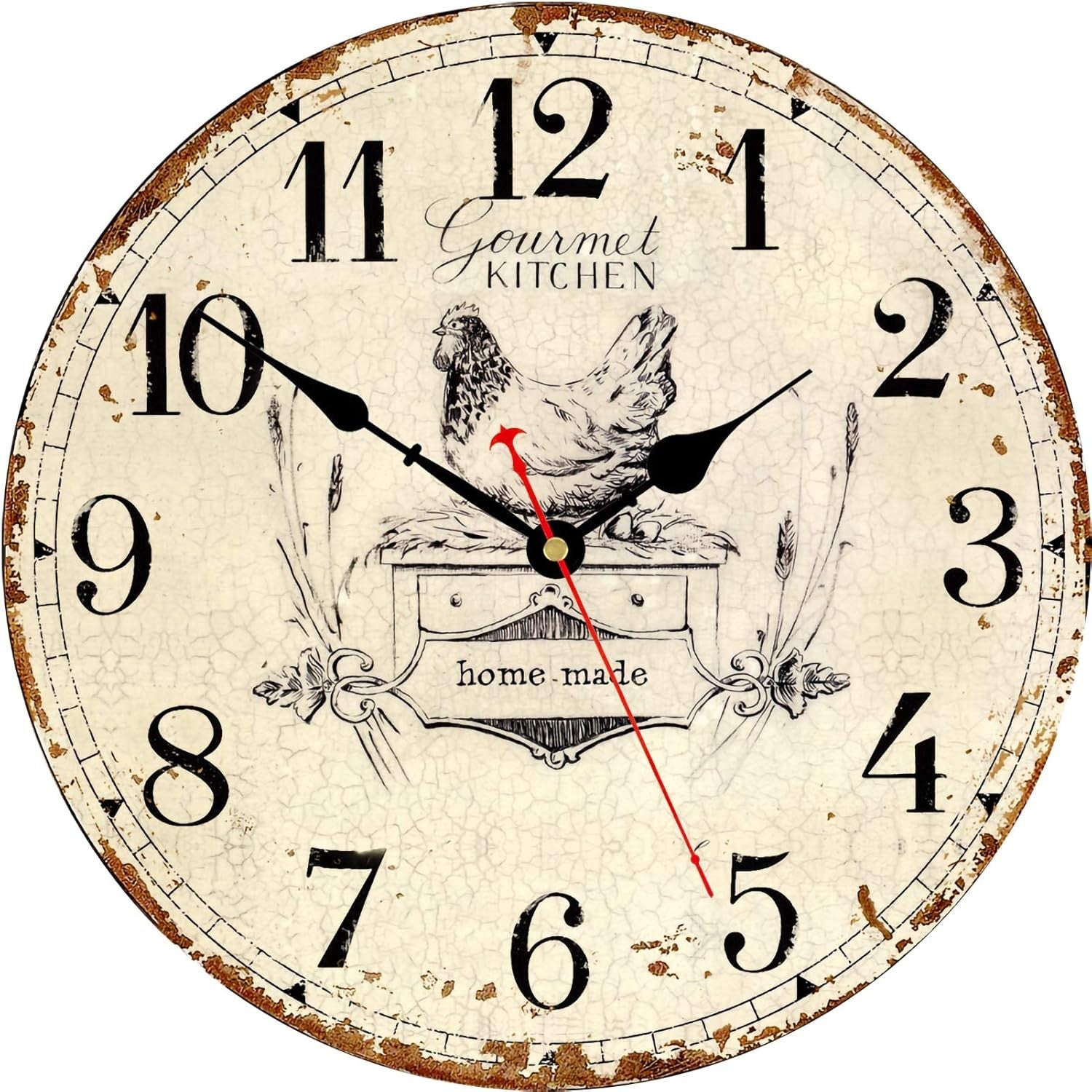 Rustic French Country Wall Clock 14" Silent Non-Ticking Vintage Wood Kitchen