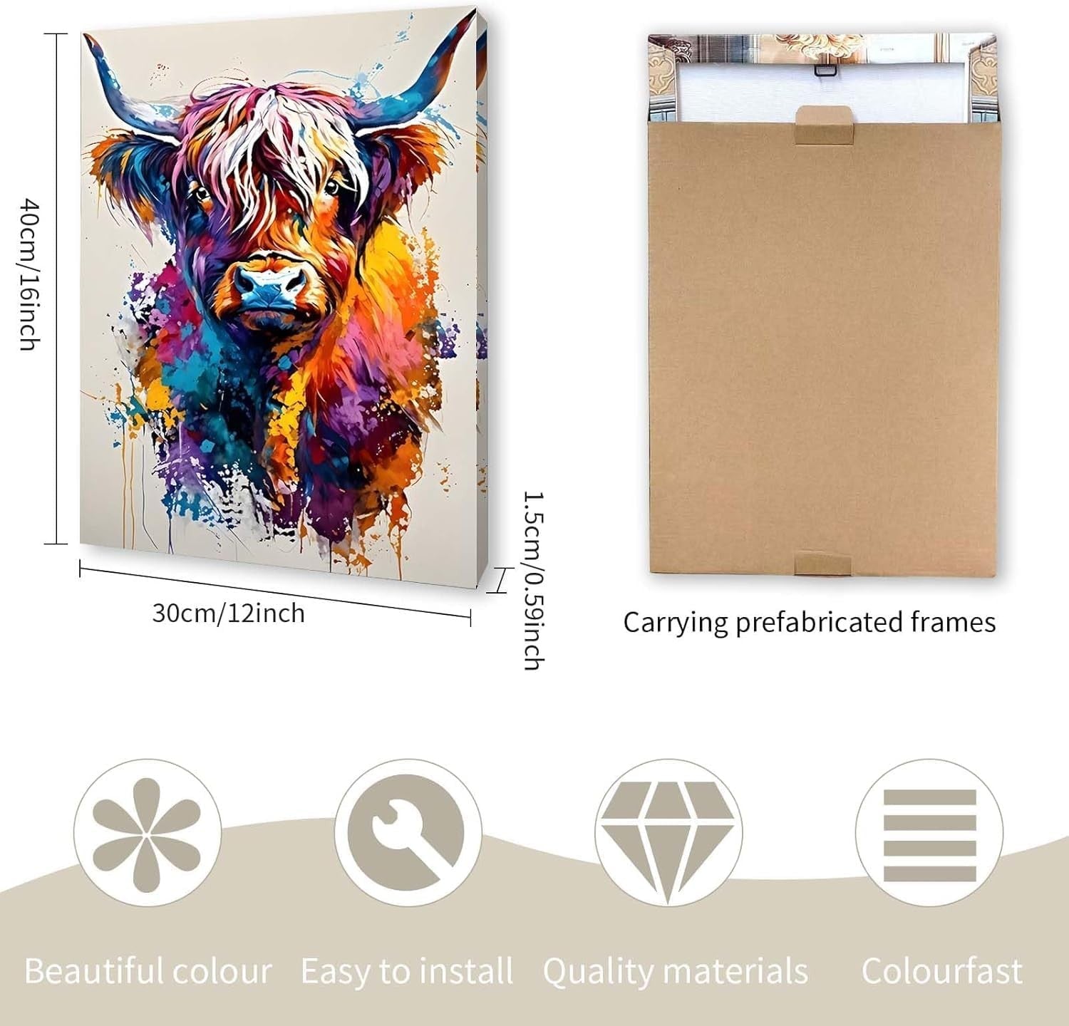 Colourful Highland Cow Canvas Wall Art 12x16in Framed Print