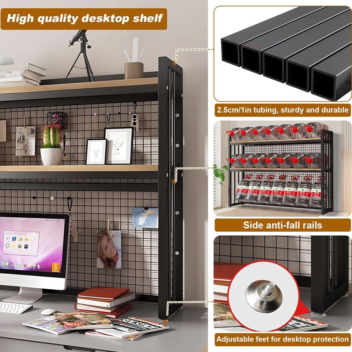 Adjustable 3-Tier Desktop Bookshelf Metal Wood Desk Hutch Storage Organizer 75cm